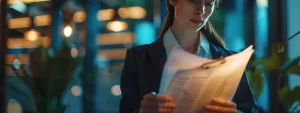 a woman in a business suit flipping through a thick binder of regulations and compliance documents.