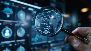 Show a magnifying glass hovering over a computer screen displaying a SAMgov website with various icons representing vendors, registration, and verification checks