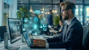 Create an image of a business professional updating digital records on a computer, with icons representing data security, compliance, and money savings, set against a backdrop of a bustling office environment.