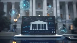 Create an image featuring a detailed government building, an open laptop displaying a federal registration portal, and a flowchart with interconnected gears symbolizing the SAM process and its importance in federal contracting.