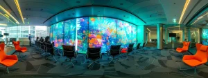 a modern office meeting room with a futuristic digital display showcasing a transforming registration process, highlighting key updates and new features for existing registrants in vibrant, clear graphics.